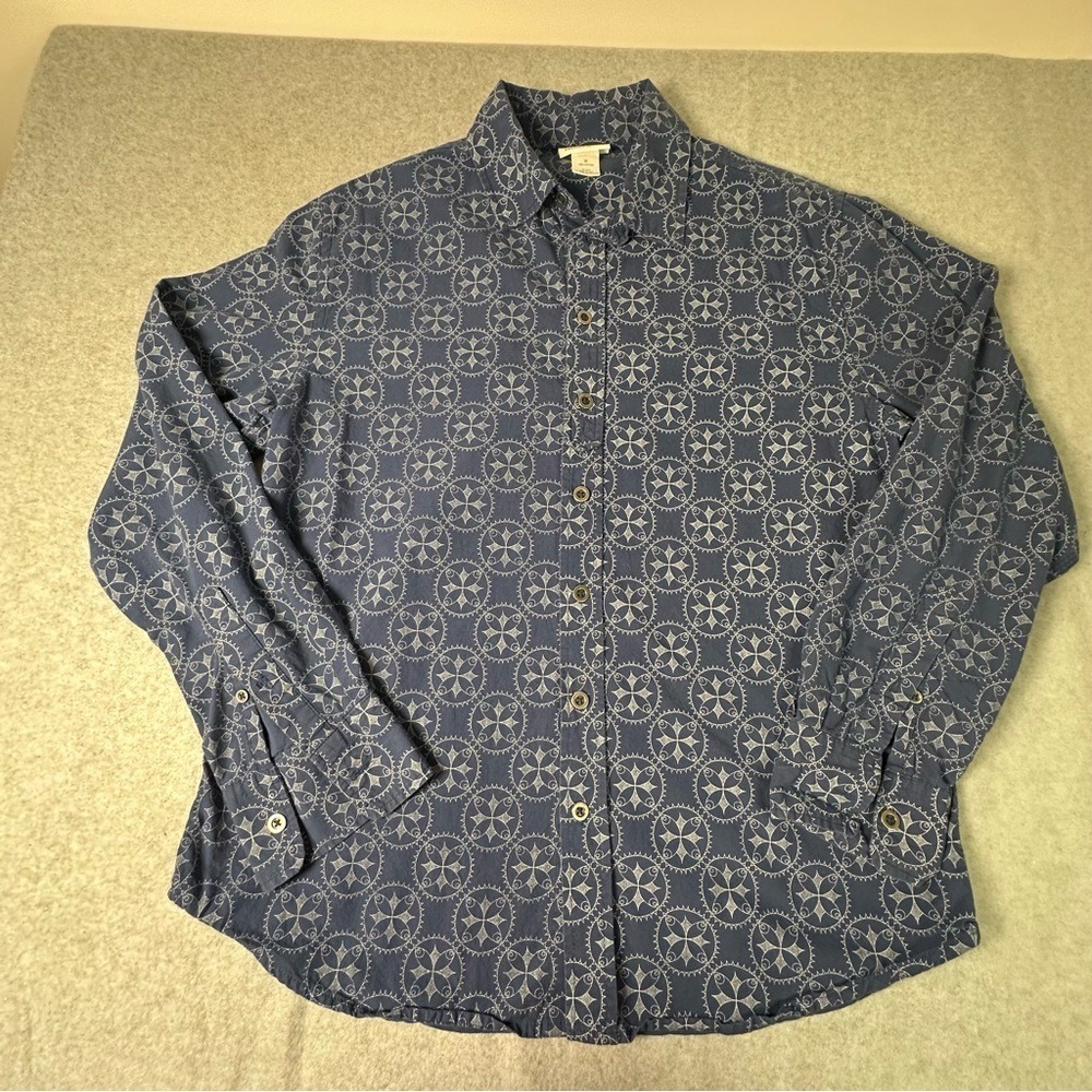 Wrangler Mens Blue Geometric Fish Print Cotton Button Down Shirt M